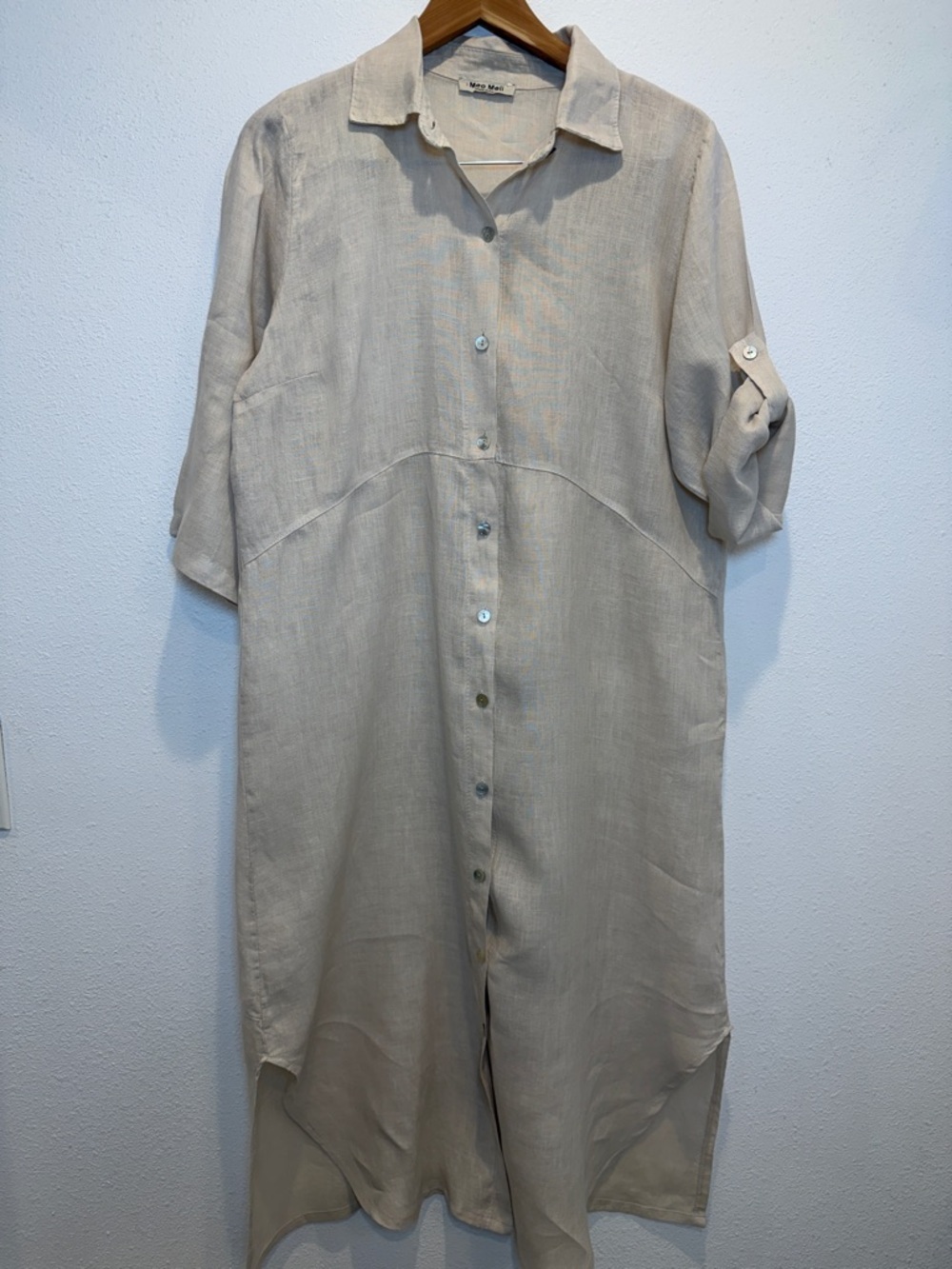 Meo Meli Italian Linen Shirt Dress Roll Tab Sleeves Button Down Front OS